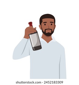 Young black man standing holding bottle of wine offering to his friend. Flat vector illustration isolated on white background