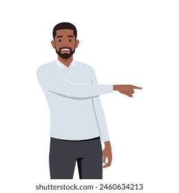 Young black man standing looking at camera and pointing with two hands and fingers to side. Flat vector illustration isolated on white background
