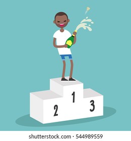 Young black man standing on the pedestal and opening a bottle of champagne. Opened champagne sprayed. Celebration concept. / flat editable vector illustration