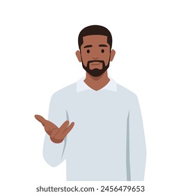 Young black man standing and talking with hand gesture trying to convict. Flat vector illustration isolated on white background