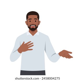 Young black man standing and talking with hand gesture trying to convict. Flat vector illustration isolated on white background