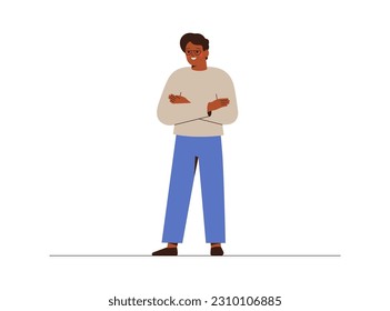 Young black man stands with his arms crossed and smiles. Confident African american businessman pleased with himself. vector illustration with male character isolated on white background