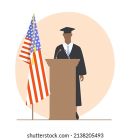 Young Black Man Student In A Robe Gives A Speech On The Podium. School Graduate. Flat Banner Vector Illustration.