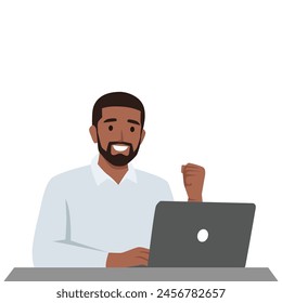 Young black man success laptop relieve work from home computer. Flat vector illustration isolated on white background