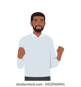 Young black man successful with clenched fists rejoices at success. Flat vector illustration isolated on white background