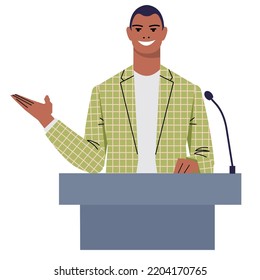 A young black man in a suit behind the podium during a performance. A smiling leader, politician, teacher speaks publicly. Presentation of a businessman. Flat vector isolated on white background.