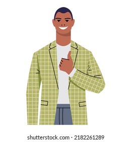 Young black man in suit showing thumbs up. Gesture of approval, cool, good. Businessman, leader, office worker isolated on white background. The character is smiling. Flat vector.