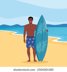 Young black man surfer with surfboard standing on the beach. Smiling surfer guy. Vector illustration