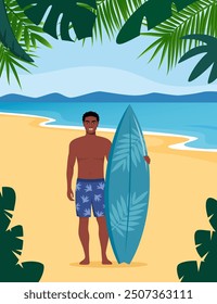 Young black man surfer with surfboard standing on the beach. Smiling surfer guy. Vector illustration