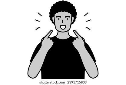 Young Black Man teaching pronunciation in English conversation (pointing to his mouth), Vector Illustration