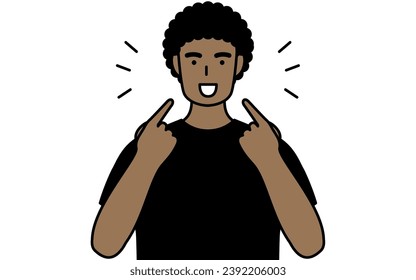 Young Black Man teaching pronunciation in English conversation (pointing to his mouth), Vector Illustration