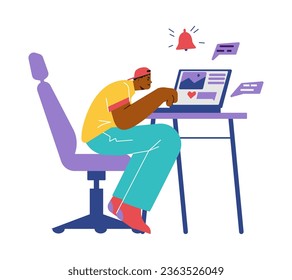 Young black man tension sitting in laptop. FOMO fear of missing out vector illustration concept. Psychological syndrome leading to personal discomfort. Phenomenon of social addiction to gadgets.