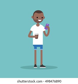 Young black man texting on his smart phone and holding a cup of take away coffee / flat editable vector illustration