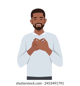 Young black man touched positive. Holds his hands on his chest, expressing gratitude.  Flat vector illustration isolated on white background