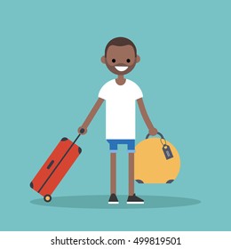 Young black man traveling with his luggage / flat editable vector illustration