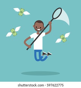 Young black man trying to catch money with a nettle. Business concept / flat editable vector illustration, clip art