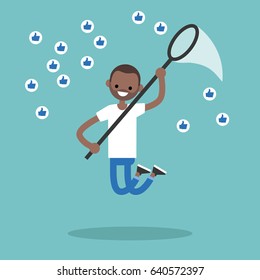 Young black man trying to catch likes with a nettle. Social media marketing concept / flat editable vector illustration, clip art