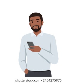 Young black man using mobile phone. Flat vector illustration isolated on white background