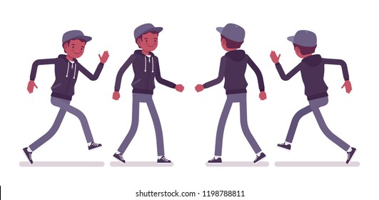 Young black man walking and running. Millennial boy wearing dark zip hoodie and cap in a hurry at study or work, late for delivery. Vector flat style cartoon illustration, front and rear view