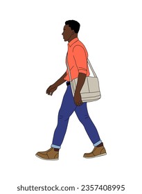 Young black man walking side view. Handsome african american guy wearing smart casual outfit. Modern Street fashion look. Vector realistic illustration isolated on white background