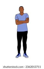 Young black man wearing casual street fashion outfit. Handsome african american guy in black pants and blue tshirt. Vector cartoon people illustration isolated on white background.