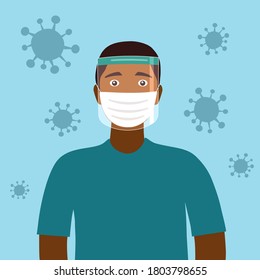 A young black man wearing face mask and a plastic medical face shield. Close up shot guy face wearing Covid-19 coronavirus protective mask. Healthcare equipment concept.