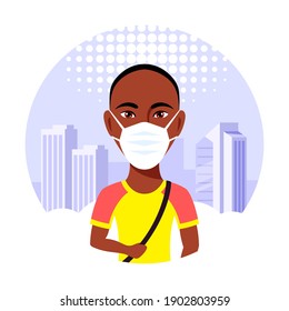 Young Black Man Wearing Face Mask with Big City on Background. Flat Style Vector illustration