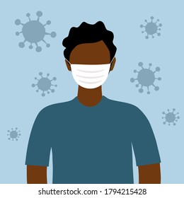 A young black man wearing medical face mask with virus cells around in flat design. COVID-19 Coronavirus epidemic pandemic outbreak. Healthcare concept.