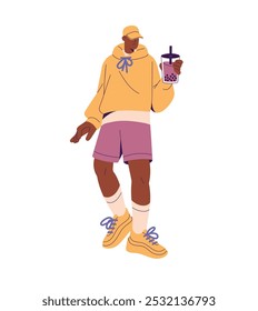 Young black man wearing stylish clothes in sports style. Boy in cap, trendy hoody, shorts, sneakers walks, drink bubble tea. Street fashion. Flat isolated vector illustration on white background