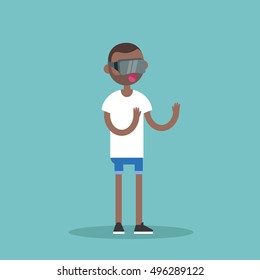 Young black man wearing virtual reality glasses / flat editable vector illustration