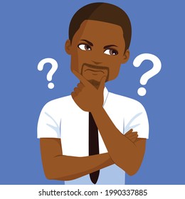 Young black man wearing white shirt and dark tie thinking with comic interrogation sign