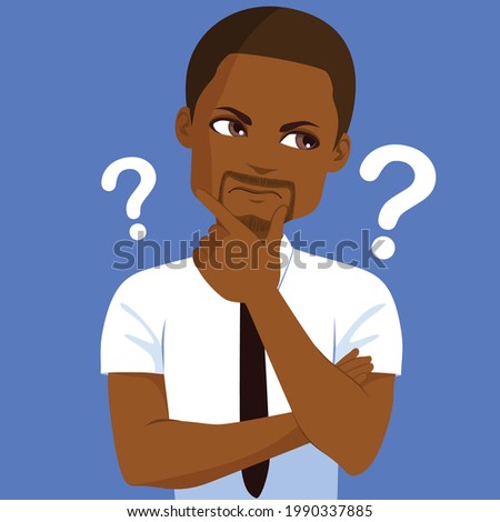 Young black man wearing white shirt and dark tie thinking with comic interrogation sign