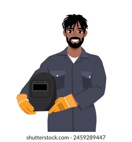 Young black man welder in a uniform holding a protective helmet. Flat vector illustration isolated on white background