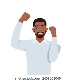 Young black man winning at work. Businessman with strong emotions on his face. Fist up happy. Flat vector illustration isolated on white background