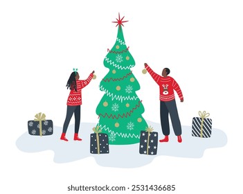 Young Black Man and Young Black Woman Decorate Christmas Tree. Couple Getting Ready to Celebrate Christmas. Christmas Tree,  Decorations, Gift Boxes. Vector Illustration in Red, Green, Blue on White