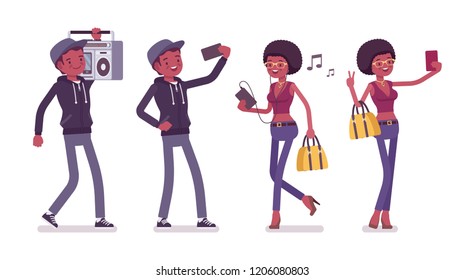 Young black man and woman with gadgets. Millennial boy and girl with afro hair holds smartphone, listening to music, phone talking, holding boombox over head. Vector flat style cartoon illustration