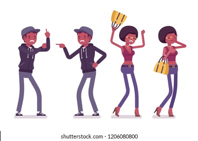 Young black man and woman negative emotions. Unhappy millennial boy and girl with afro hair feeling sad or having a depressed mood, cannot enjoy life, angry. Vector flat style cartoon illustration