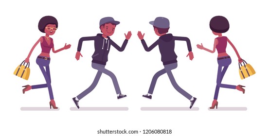 Young black man and woman running. Millennial boy and girl with afro hair in a hurry at study or work, late for delivery. Vector flat style cartoon illustration, front and rear view