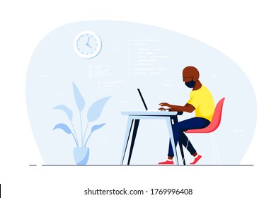 Young Black Man Working On Laptop At The Desk In Office. Flat Style Illustration