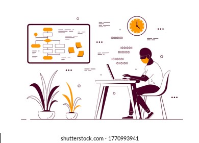 Joven negro trabajando en una laptop en el escritorio de la oficina. Ilustración de línea de estilo plana