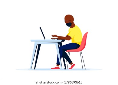 Young Black Man Working On Laptop At The Desk. Flat Style Illustration Isolated On White Background