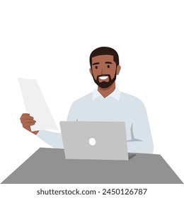 Young black man working on laptop at office holding report or resume. Remote job at home web consultation. Flat vector illustration isolated on white background