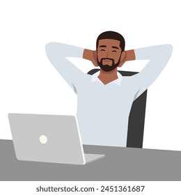 Young black man working on laptop sitting in front of the desk. Flat vector illustration isolated on white background