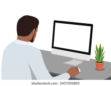 Young black man working on a computer. View from his back with blank screen. Flat vector illustration isolated on white background