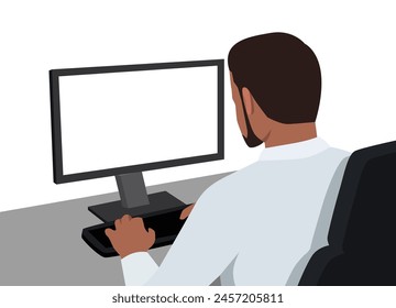 Young black man working on a computer. View from his back with blank screen. Flat vector illustration isolated on white background