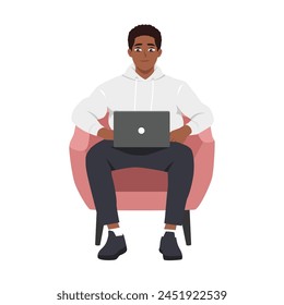 Young black man working online, sitting in armchair and using laptop. Flat vector illustration isolated on white background