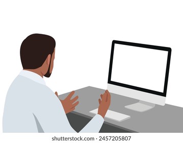 Joven negro trabajando y hablando con alguien en una computadora. Vista desde su espalda con pantalla en blanco. Ilustración vectorial plana aislada sobre fondo blanco