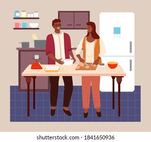 Young black married couple cooking together. Tall guy in glasses with white bowl in his hand, woman uses knife and cutting board. Cook at home. Cozy kitchen interior. Stay home. Flat illustration