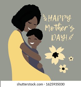 Young black mother hugs her son. Mother's day greeting card in vector