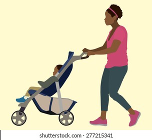 Young Black mother Pushing Toddler in Stroller